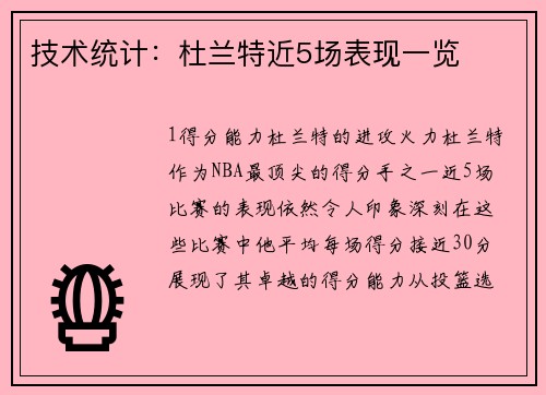 技术统计：杜兰特近5场表现一览