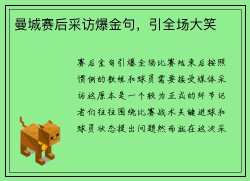 曼城赛后采访爆金句，引全场大笑
